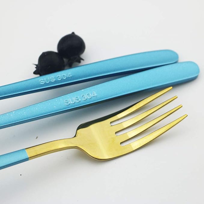 JASHII 20-Piece Silverware Set with Serving Utensils, SUS304 Stainless Steel Flatware Cutlery Set for 4, Eating Utensil Tableware Sets, Mirror Finish(Blue gold)