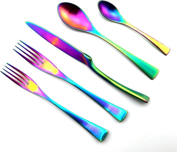 JASHII 20-Piece Iridescent Luxury Flatware Set Silverware | 18/10 Stainless Steel Dinnerware Set | Utensils Service For 4 | Matte Rainbow Tableware,Dinner Knife Fork Salad Fork w/DINNER COFFEE Spoon