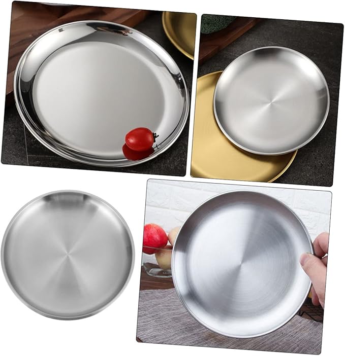 GLEAVI 1pc Thickened Round Plate Stainless Steel Serving Tray Fruit Tray Lid Non-Slip Design Modern Kitchen Accessory