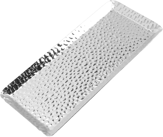 Metallic Towel Serving Tray Hammered Stainless Steel Dishwasher Safe Plate for Home Restaurant 25x11cm (Silver)