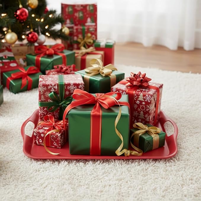 KINGEN 2-Pack Christmas Serving Trays -18×13-inch Large Tray, Vintage Velvet Red Platters for Holiday Buffets, BBQ, Party, Outdoor Serving - Santa's Christmas Decor (Bamboo Fiber, Red)