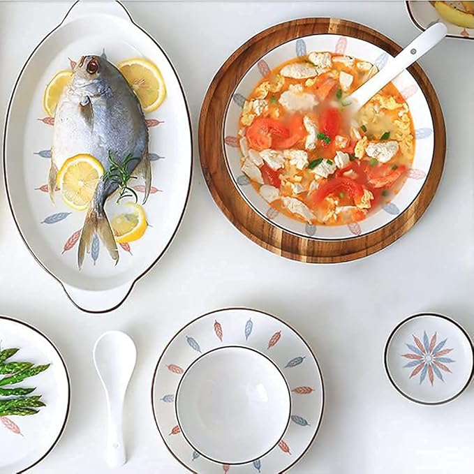Kitchen tableware set,Ceramics Dinnerware Set, 32 Pcs Retro White Underglaze Color Dinner Set, Plates and Bowls Set with Leaf Pattern for Restaurant Family Gathering