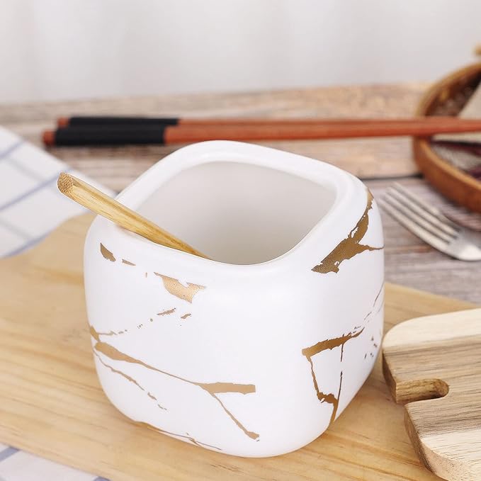 VanEnjoy Decorative Marble Pattern Ceramic Sugar Spice Containers Porcelain Jar with Bamboo Lid and Spoon Condiment Jar for Home