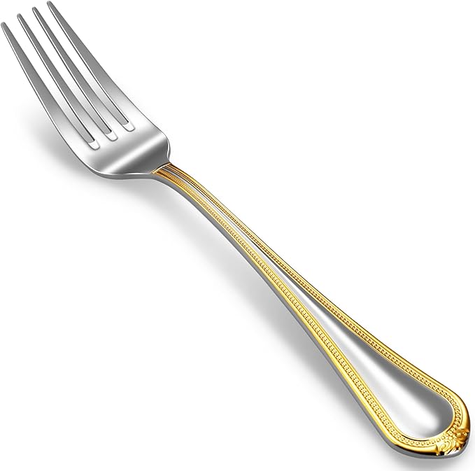KEAWELL Pearl Edge 4-Piece Premium Fork Set, 18/10 Stainless Steel, Fine Silverware Forks with Mirror Finish and Exquisite Craftsmanship, Gold Accent, Dishwasher Safe (4, 8" Dinner Forks)