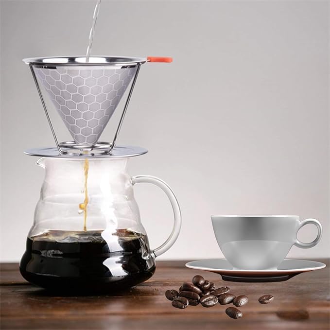 First Time Home Buyers Essentials - Reusable Stainless Steel Pour over Coffee Dripper Bundle with Stainless Steel Scoop for Ground Coffee - 1/8 Cup, 2 Tablespoon or 1 oz Scoop
