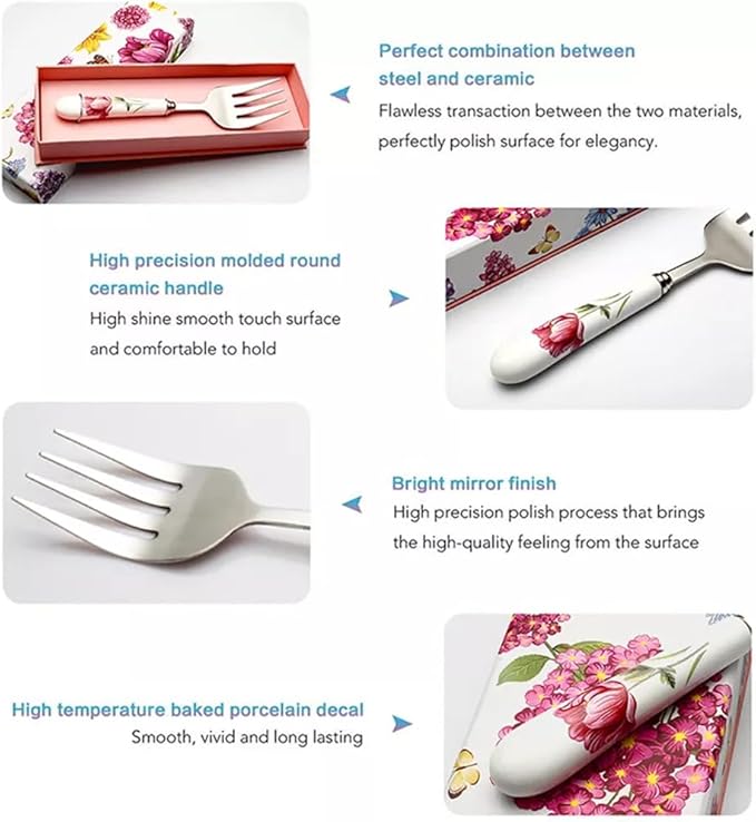 Flatware Silverware Set, 1 Pcs Ceramic Handle Serving Fork Stainless Steel Tableware Creative Long Handle Salad Fork Vegetable Melon Fruit Fork, Tableware Cutlery Set