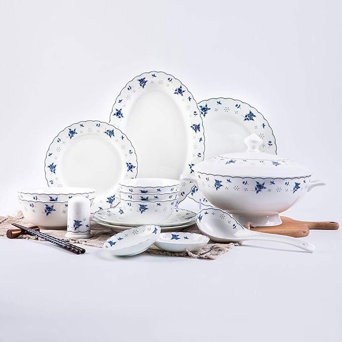 Blue and White Porcelain Tableware Set, 48 Pieces of Ceramic Tableware, Bone China Safe Material, Family Gathering Tableware, Wedding Gift Tableware