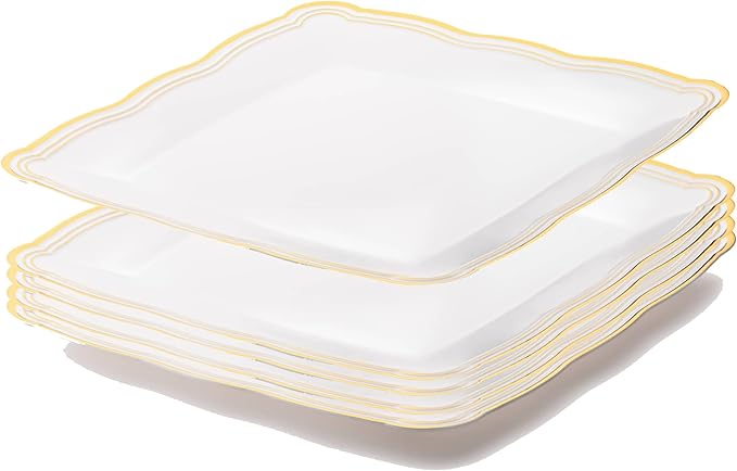Posh Setting - White Plastic Serving Trays 6 Pack, Heavyweight Plastic Trays for Serving Food Party, Gold Rim Border Disposable Serving Platters and Trays, Platters for Serving Food Party - 12"x12"