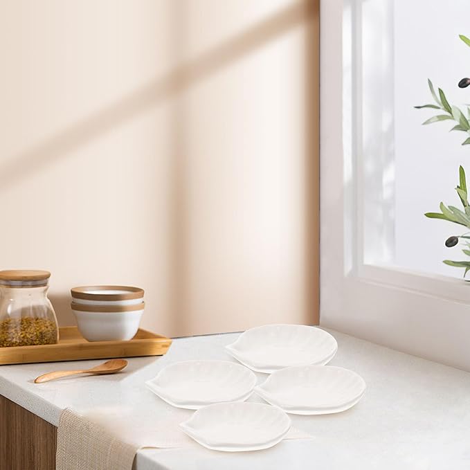 Cabilock Ceramic Shell Shaped Plates Set 6Pcs Seashell Appetizer Plates for Snacks Desserts and Home Dining 4 Inch Small White Shell Dish for Breakfast and Entertaining