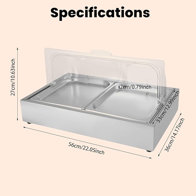 Ice Food Serving Display Tray, 3L 2 Pan Spice Display Salad Dressing Cooler Food Dishes Display Plate Case w/Clear Roll Top Cover for Outdoor Buffets Parties & Restaurant (Silver)