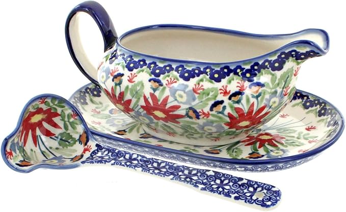 Blue Rose Polish Pottery Jungle Bouquet Gravy Boat & Ladle