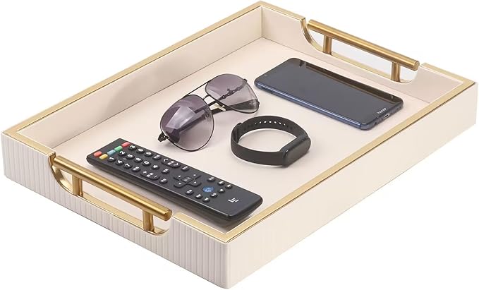 Wooden Structure Leather Decorative Tray With Brushed Champagne Gold Handle - Square Coffee Table Farmhouse Counter PU Serving Storage Tray (White)
