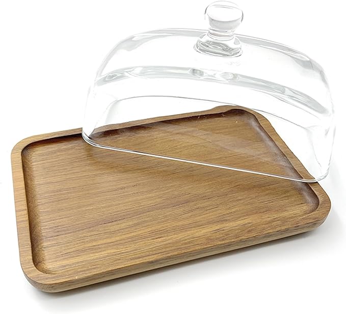 1 Pack Rectangular Wooden Cake Stand with Glass Dome,Small Cake Plate Holder with Clear Glass Bell,Cake Display Server Tray for Kitchen,Birthday Parties,Weddings,Baking Gifts (4.6 x 7in)