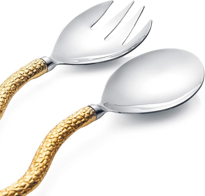 Gold Serpent Snake Salad Servers Brass & Stainless Steel, CNY Year of the Snake, Fork & Spoon Set, Two Tone Ideal for Weddings, Dinner, Elegant Flatware, Housewarming, Stainless Steel Mirror Polished