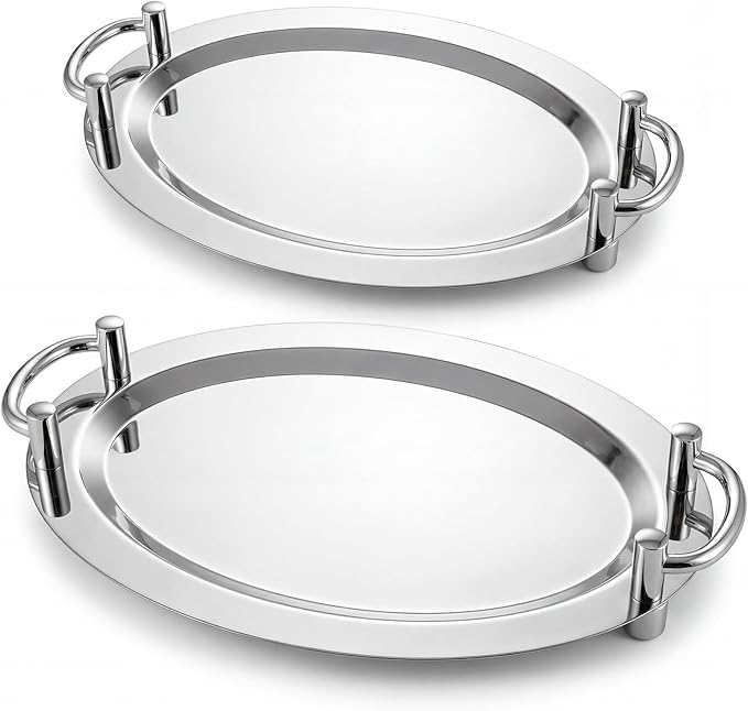 2 Pcs Stainless Steel Serving Tray, Heavy Duty Portable Metal Serving Tray with Handle Mirror Polished Steel Buffet Snack Salver for Coffee, Desserts, Cakes (Oval,18 x 13,15" X 11")