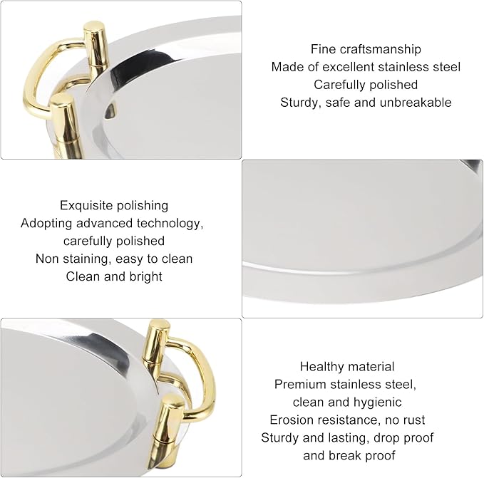 Silver Tray with Stainless Steel Platter with Handle – Multifunction Portable Serving Tray for Restaurant & Hotel Buffet, Rectangle Shape, 47.5cm (Rectangle Shape with Gold Handle, 39cm)
