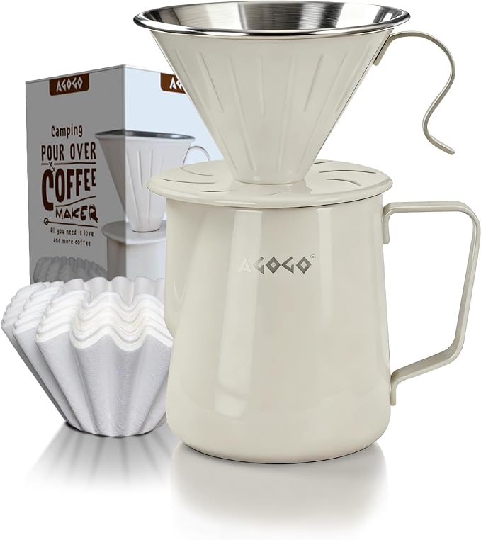 AGOGO Portable Pour Over Coffee Maker V60 Set - Easy Cleaning Compact 304 Stainless Steel Dripper for Camping & 50 Filters Paper & Cleaning Rag Cream 20 oz