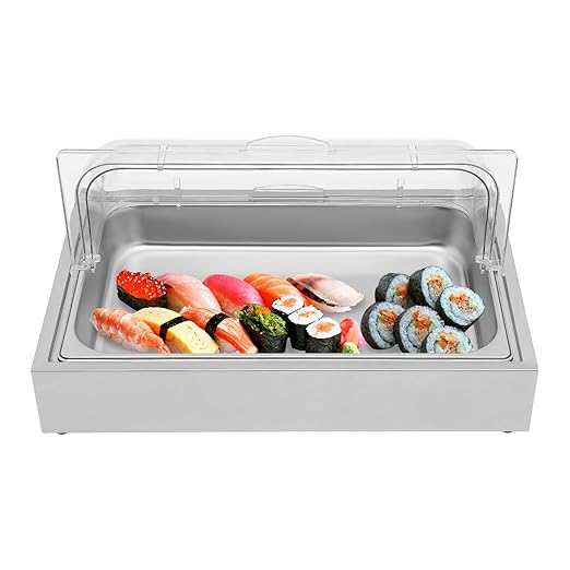 Cold Food Buffet Server, 6L Stainless Steel Ice Food Serving Display Tray with Clear Roll Top PC Cover and Ice Box, Countertop Chilled Serving Tray Platter for Fruit Party Buffet Silver