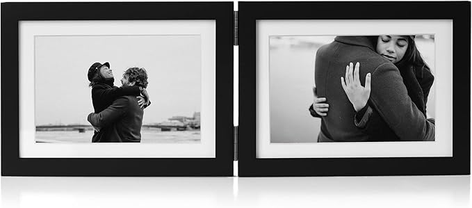 5x7 Double Horizontal Hinged Wood Picture Frame Folding Photo Frame with Real Glass Front in Black for Tabletop, Display 4x6 with Mat or 5x7 without Mat P-HEI-2H57