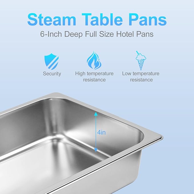6 Pack Hotel Pans, 1/1 Size 4" Deep Stainless Steel Trays for Food, 20.8" L x 13" W Catering Food Pan Commercial Table Pan for Hotel, Restaurant, Buffet, Party Supplies