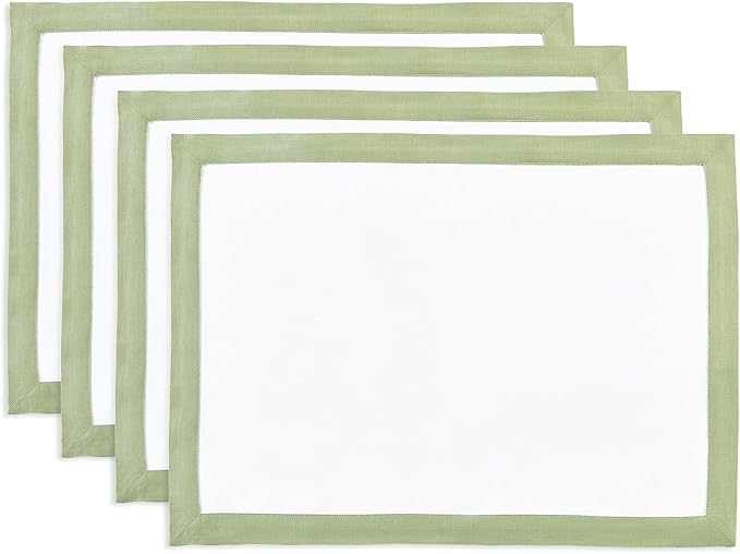 Solino Home Linen Placemats Set of 4 - Sage Green and White Placemats 14 x 19 Inch - 100% Pure Linen Table Place Mats for Winter, Christmas - Classic, Handcrafted and Machine Washable