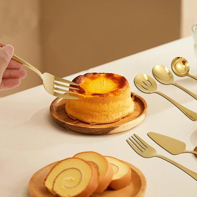 10Pcs Serving Utensils Set Stainless Steel Metal Serving Utensils Metal Serveware Serving Set with Serving Spoons Forks Tongs Slotted Spoon Ladle Pie Server for Buffet Parties (Gold)