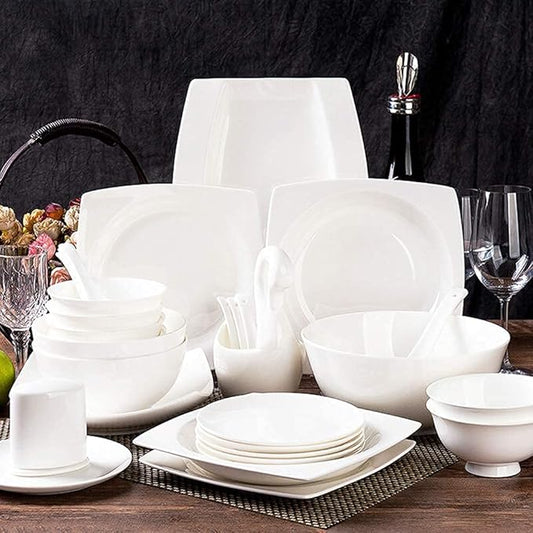 28-Piece Pure White Porcelain Dinnerware Set, Bone China Dishes Dinner Sets, Ceramic Dinner Plates and Bowls, Microwave Safe Service for 6/8