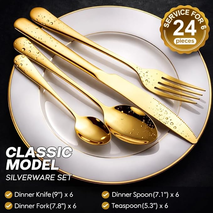 chandler 24 Pieces Cutlery Set Shiny Golden Stainless Steel 410 18/0 0% Nickel Golden Wood Bag Dinner Spoons Dinner Knives Dinner Forks Tea Spoons