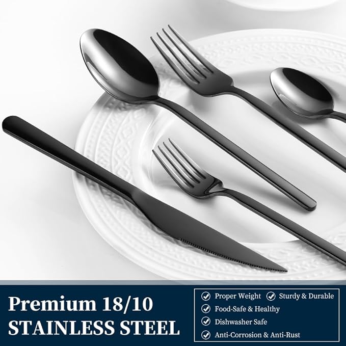 Black Silverware Set with Steak Knives, 20-Piece Flatware Set for 4, 18/10 Stainless Steel Cutlery for Home Kitchen and Restaurant