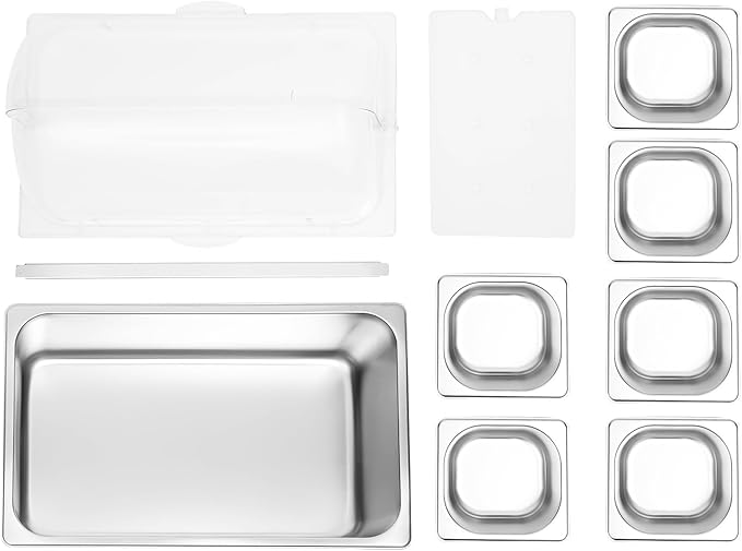 6-Pan Ice Food Serving Display Stainless Steel Buffet Cold Serving Cooler Platter Cooling Food Dishes Display Plate Case Tray with Clear Roll Top Cover for Seafood Fruit Party Buffet Tray