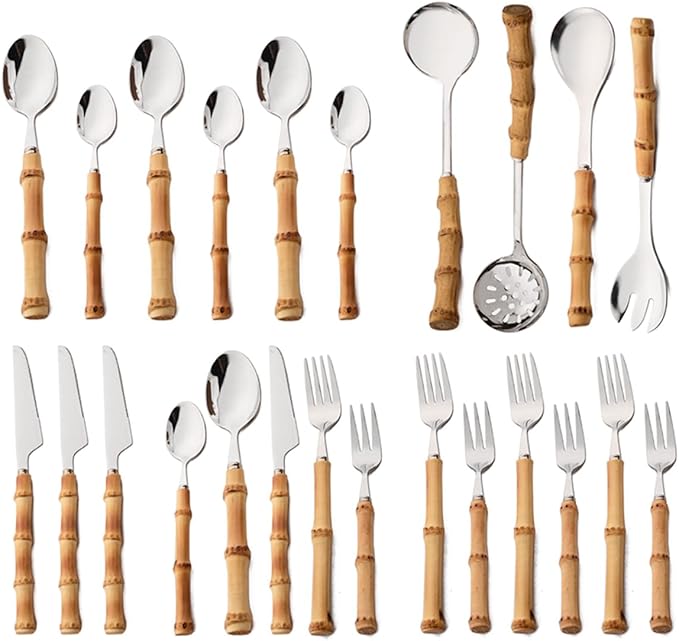 JASHII 24-piece Serving Utensils Hostess Set Stainless Steel Flatware Silverware Set Include Knife Fork Spoon for Buffet Home Kitchen Travel Camping