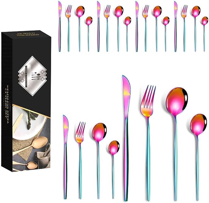 Serving Set Stainless Steel Tableware for 24 PCS, Mirror Polished, Slim Handle Serving Set for 6 for Formal Events, Parties, Food Barbeque, Dishwasher Safe(Rainbow Color,A)