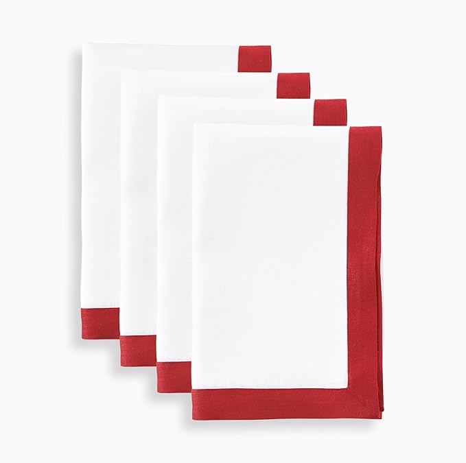 Solino Home Linen Napkins Set of 4-100% Pure Linen Red and White Dinner Napkins Cloth 20 x 20 Inch - Classic, Handcrafted and Machine Washable - Christmas, New Year