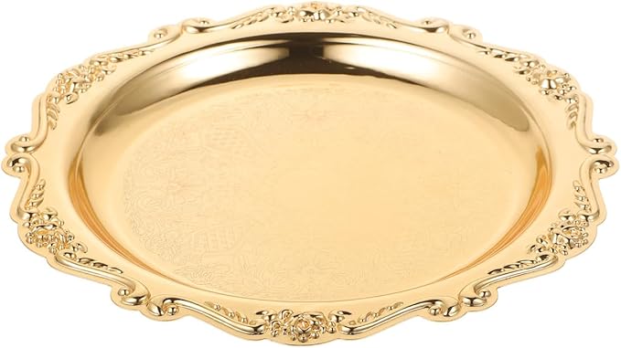 VICASKY 8 Inch Silver Metal Serving Tray - Elegant Platter for Food, Snacks, Jewelry Display & Home Decor, Vintage Style Dessert Tray with Handles (Gold, Heavy Duty)