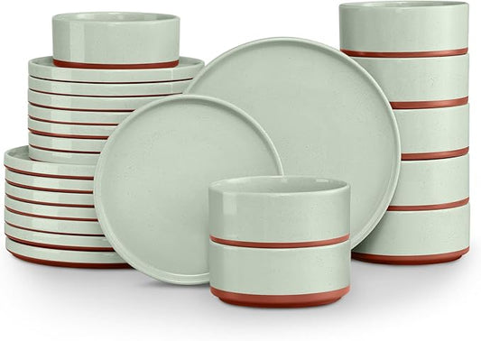 LIANYU Stoneware Dinnerware Sets Service for 8, 24 PCS Plates and Bowls Sets, Handmade Ceramic Dish Set, Highly Chip and Crack Resistant Modern Plate Set, Laurel Green