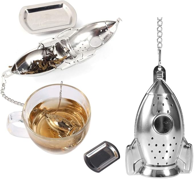 Stainless Steel Tea Strainer, Rocket Ship Tea Infuser with Chain, Rocket Shape Loose Tea Filter for Leaf Herbal Spice Brewing Steeping Home Teaware Accessories