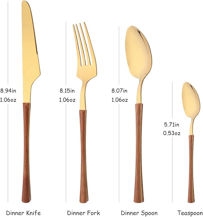 24PCS Faux Wooden Handle Flatware Set For 6 Family Stainless Steel Silverware Set Include Knifes Forks Spoons and Teaspoons Gold Tableware Cutlery Set Eating Utensils for Home Kitchen Restaurant