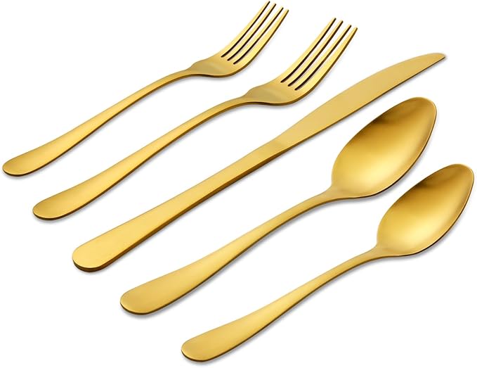 Gold Silverware Set, Lorena 20 Piece Golden Cutlery Set Gold Utensils Set Stainless Steel Flatware Kitchen Utensils Set Silverware Set, Include Fork Knives Spoons for Home Restaurant Hotel