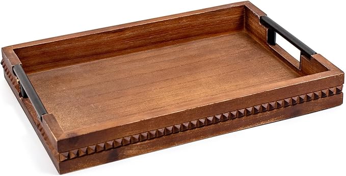 Wooden Serving Trays with Metal Handles Vintage Ottoman Tray 15 X 11 Wooden Retro Decorative Trays with Geometric Beads for Coffee Table & Home Decor (1 Pack)
