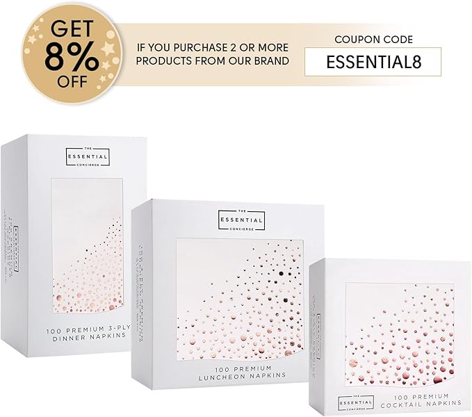 The Essential Concierge Stylish Rose Gold Napkins, 100 Count, Party Napkins, 5x5 Inch, Rose Gold, Paper, 3-Ply