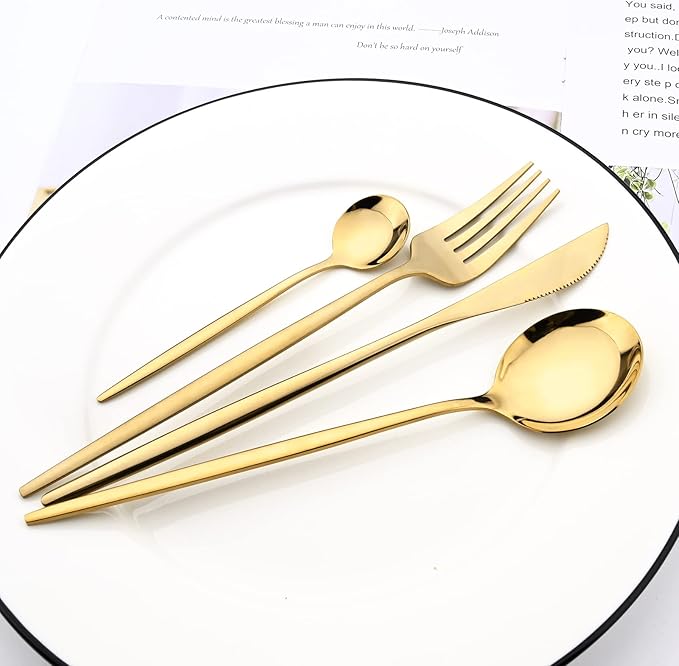 8 Piece Snplowum Flatware Set, 18/0 Stainless Steel Silverware For 2, Kitchen Wedding Gift Utensils For Couple Friend Home Daily Use, Travel Tableware Set, Mirror Gold