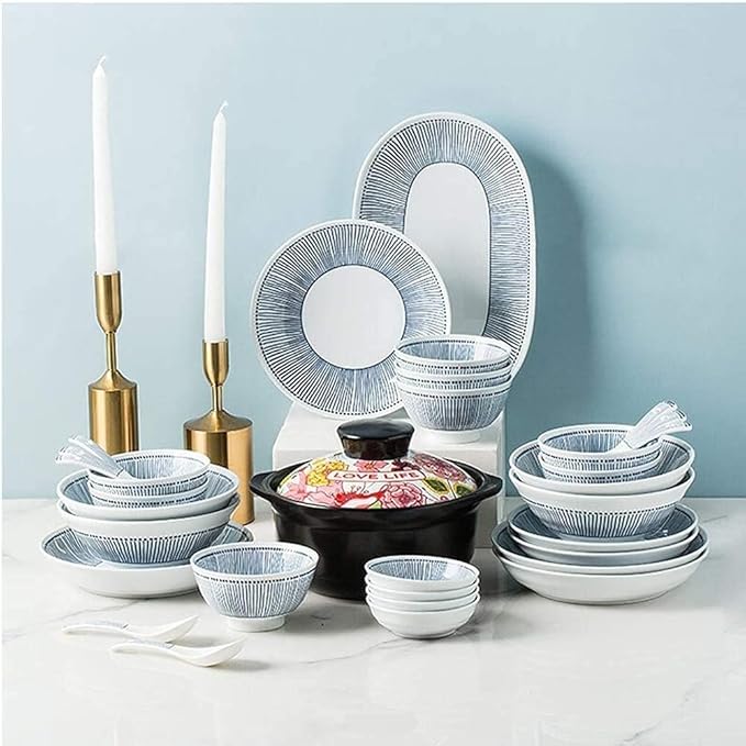 Elegant Fine Dinnerware Set,White Porcelain Dinnerware Set with Blue Line Stripes, Ceramic Plates and Bowls Sets, Unique Dish Set for Parties or Everyday Use,Service,