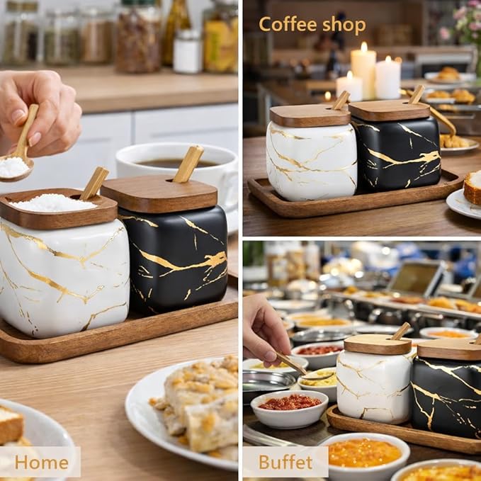 2 Sets of Marble Ceramic Sugar Bowl Ceramic Seasoning Jars with Wooden Lid and Wooden Spoon(Black and White)