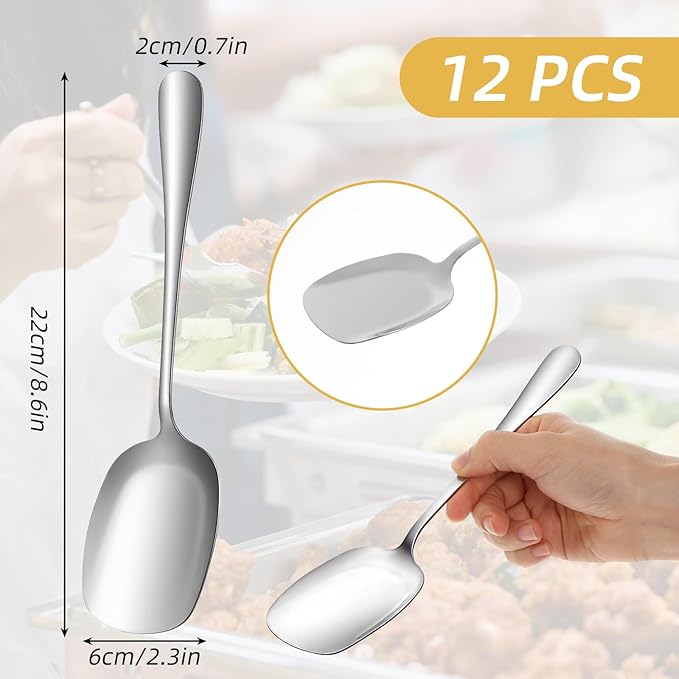 12 Pcs 8.6 Inch Stainless Steel Serving Spoon, Large Buffet Serving Spoon Set, Food-Grade Polished Buffet Utensils Banquet for Parties/Kitchen/Catering/Banquet Dishwasher Safe, Silver