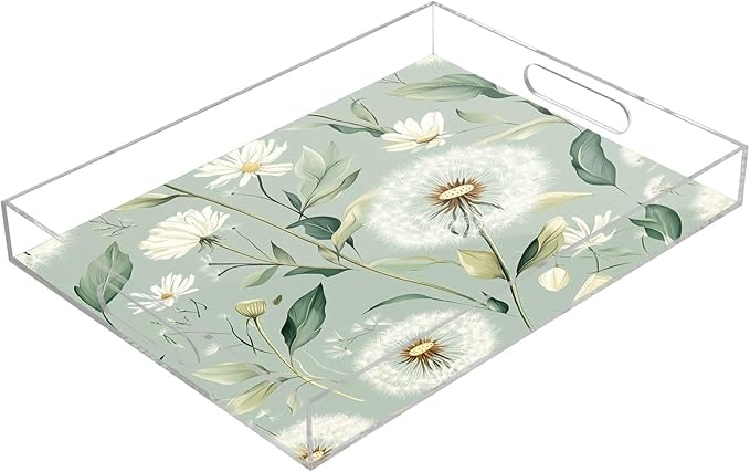 Serving Tray with Handles Clear Acrylic Tray 12x16 Inch Decorative Rectangular Tray Organizer for Ottoman Coffee Table Bathroom Sage Green Dandelion