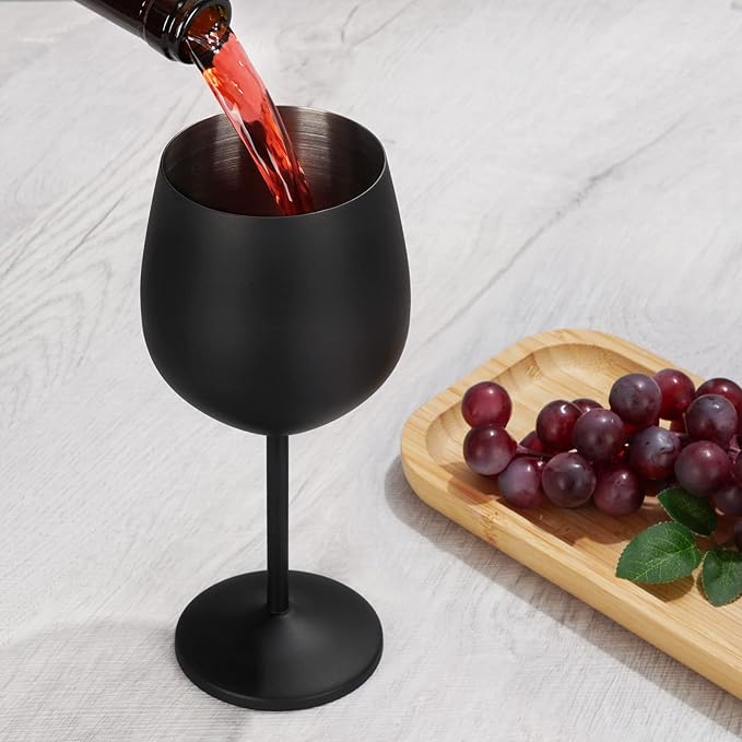 Lifecapido Stainless Steel Wine Glasses Set of 8, 18oz Stainless Steel Wine Goblet, Black Wine Glasses, Metal Wine Glasses with Cup Brush for Party Office Wedding Anniversary, Great for Red White Wine