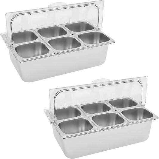2Pcs 6 Pans Ice Food Serving Display Container w/Clear Roll Top Cover, Stainless Steel Serving Tray Catering Supplies Buffet Display Condiment Dispenser Plate Case for Restaurant Hotel Kitchen