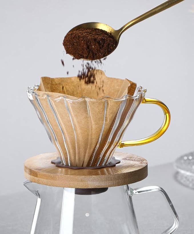 Transparent Glass Coffee Dripper Coffee Filter Holder Coffee Filter Cone with Wooden Pad Coffee Funnel,Coffee Filter Holder with Handle