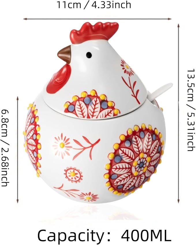 Ceramic Salt Cellar with Lid and Spoon | 13.5OZ Large Chicken Salt Container | Salt and Pepper Containers for Countertop | Sugar Bowl Salt Holder Candy Jar Box for Counter Home Chicken Decor (Red)