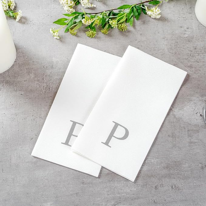 Luxenap 15.8 X 7.9 Inch Linen-Feel Guest Towels, 2000 Lettered Hand Towels - Silver Letter 'P', Sans Serif Font, White Paper Dinner Napkins, airlaid, For Restrooms And Tables - Restaurantware